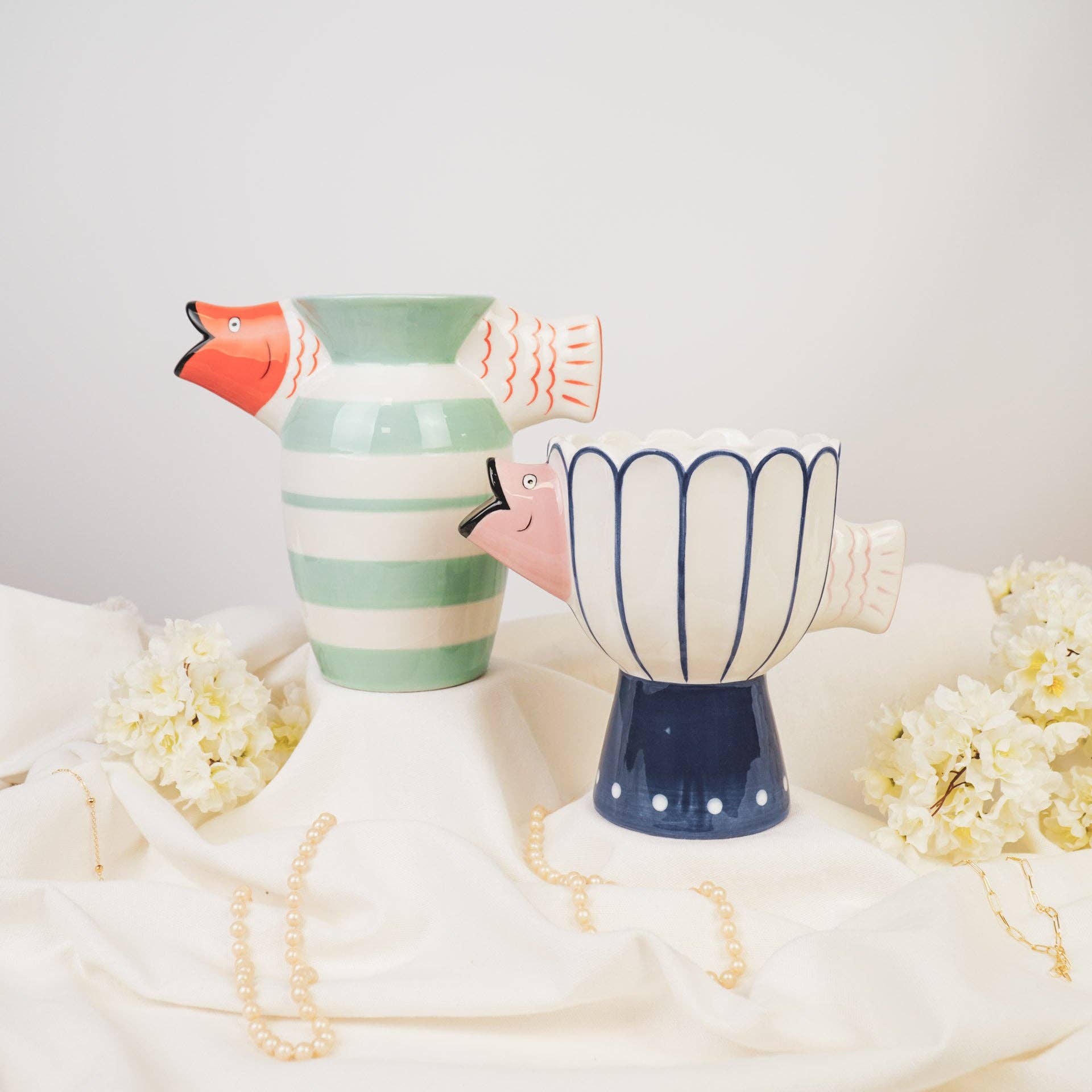 Housevitamin bv - Wholesale Vase - Vase - Fish- Dolomite -Mint/White/Orange -23x12.5x21cm4