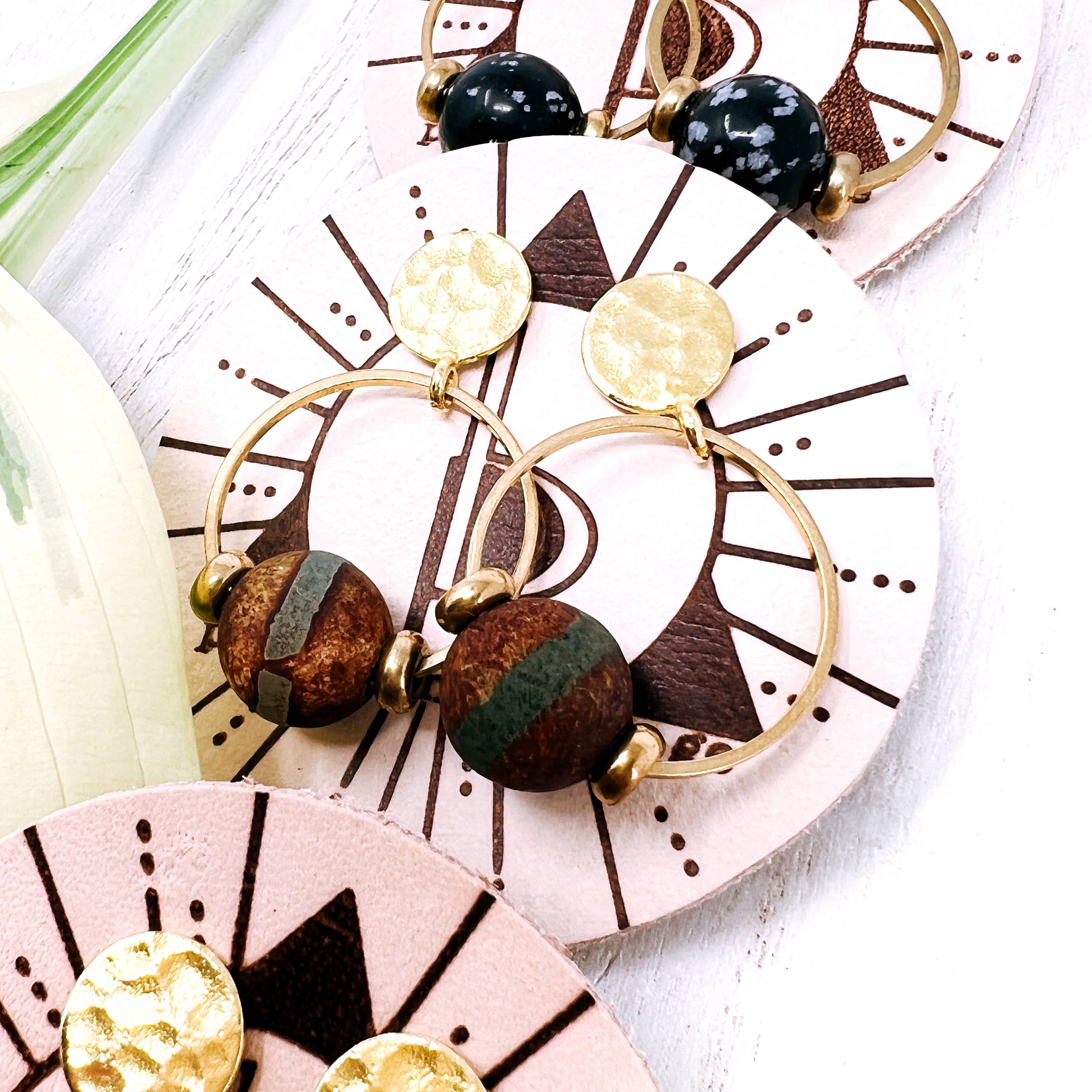 Permanent Baggage - Wholesale Dangle Earrings - Small Brass Post Earring With Hoop & Semi-Precious Stones15