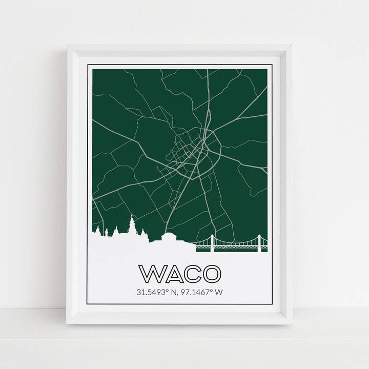 Impression de Waco Texas avec carte, horizon, coordonnées de la ville pour la vente par Paperfinch Design