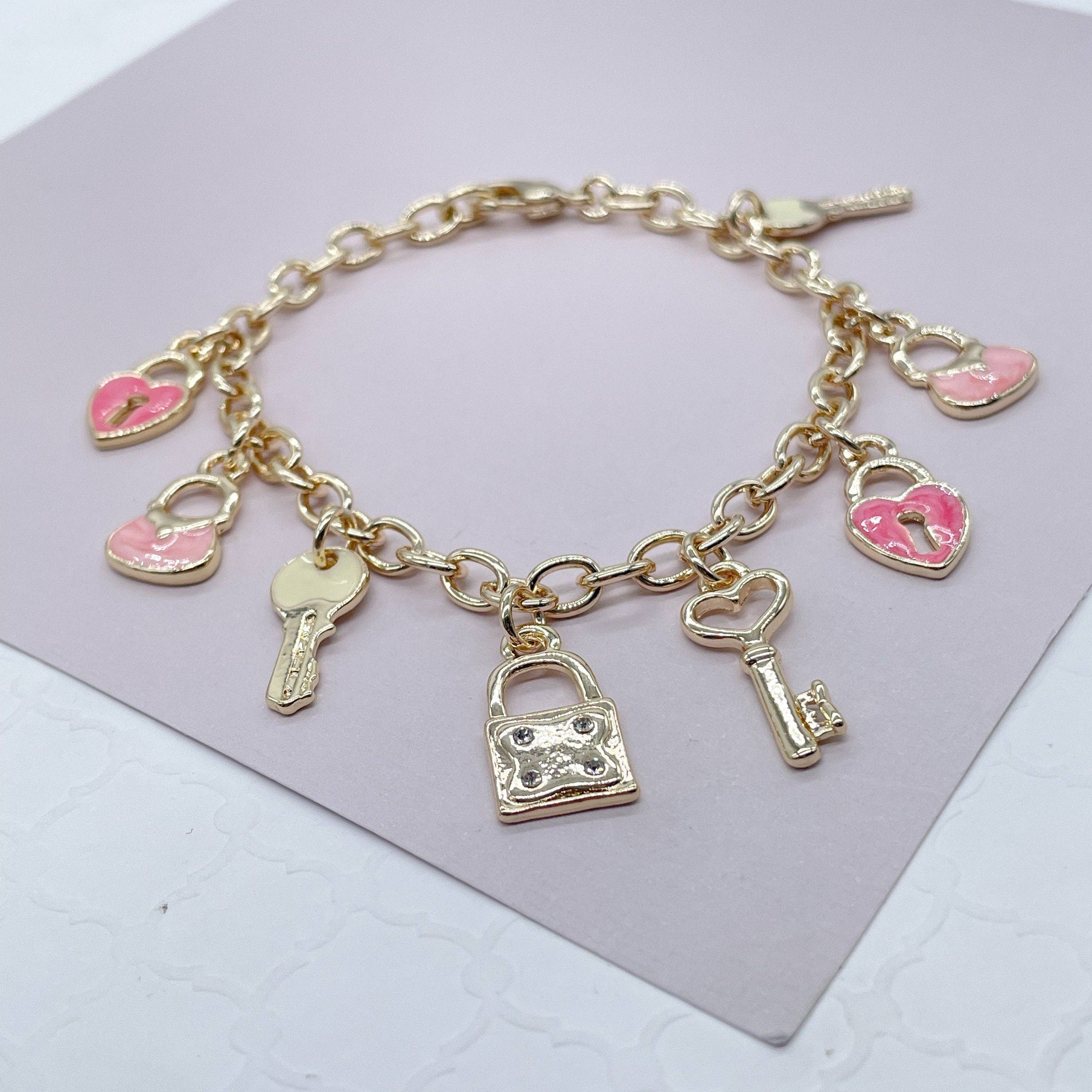 Milie - Vente Bracelets à breloques/pendentifs - Bracelet Charme Rose 18k GF Avec Cœur & Clés2