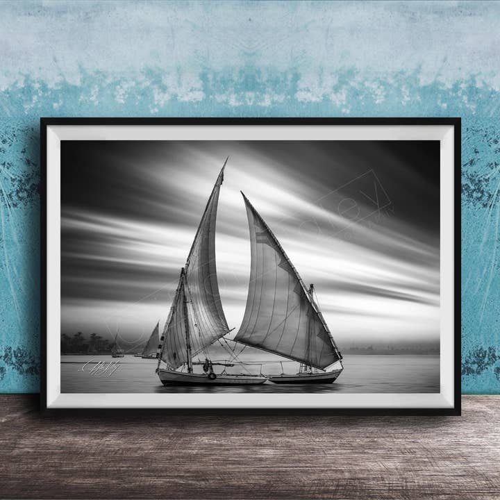 Felucca Sail Boat - Black White - Nile Sunset for wholesale by Clifton Haley Photography