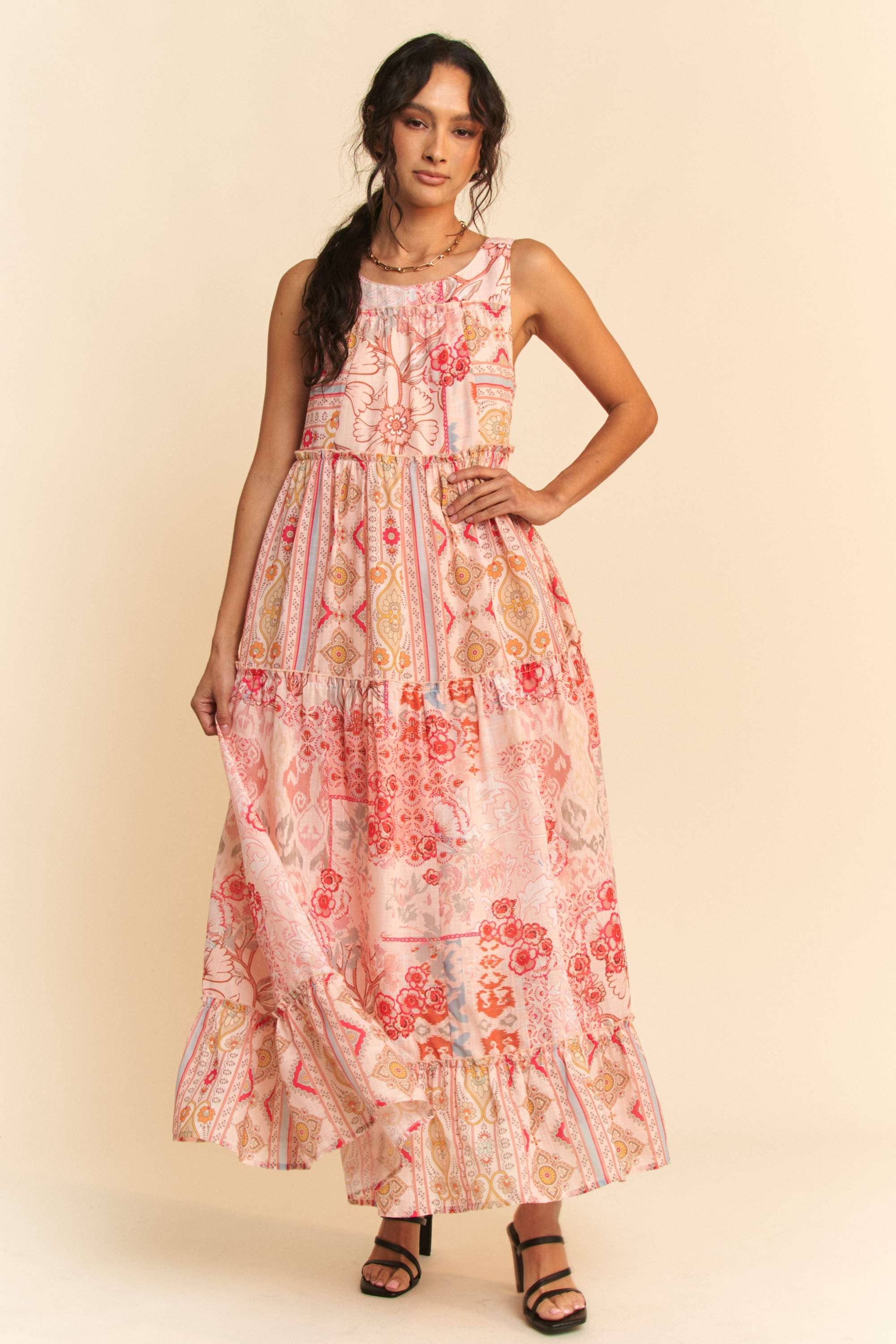 Coral Multi PLUS GEO FLORAL MIX SLEEVELESS TIRERED MAXI DRESS for wholesale on Faire2