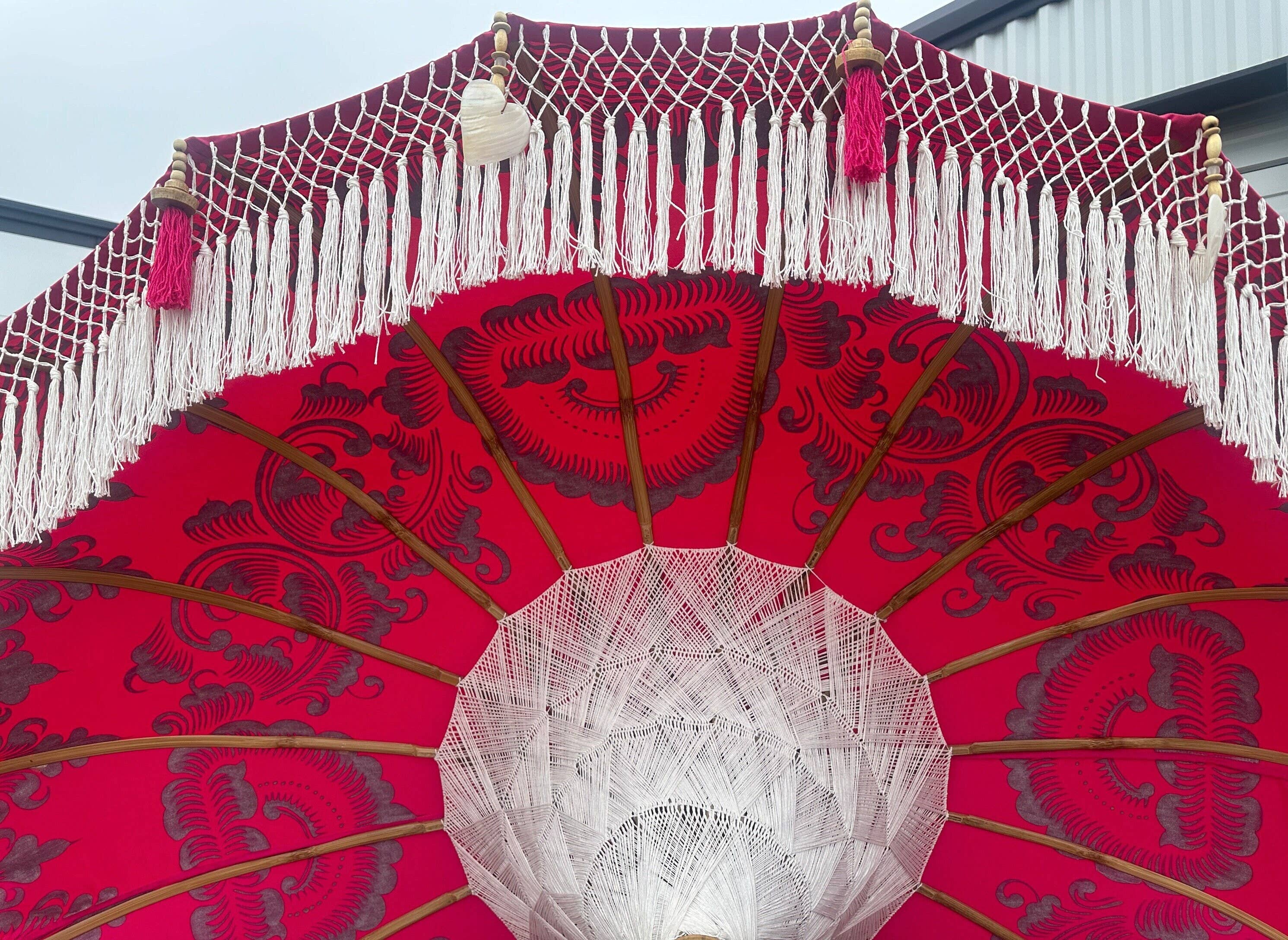 baligood - Wholesale Patio Umbrella - PINK & SILVER FULL FRINGE BALINESE UMBRELLA4