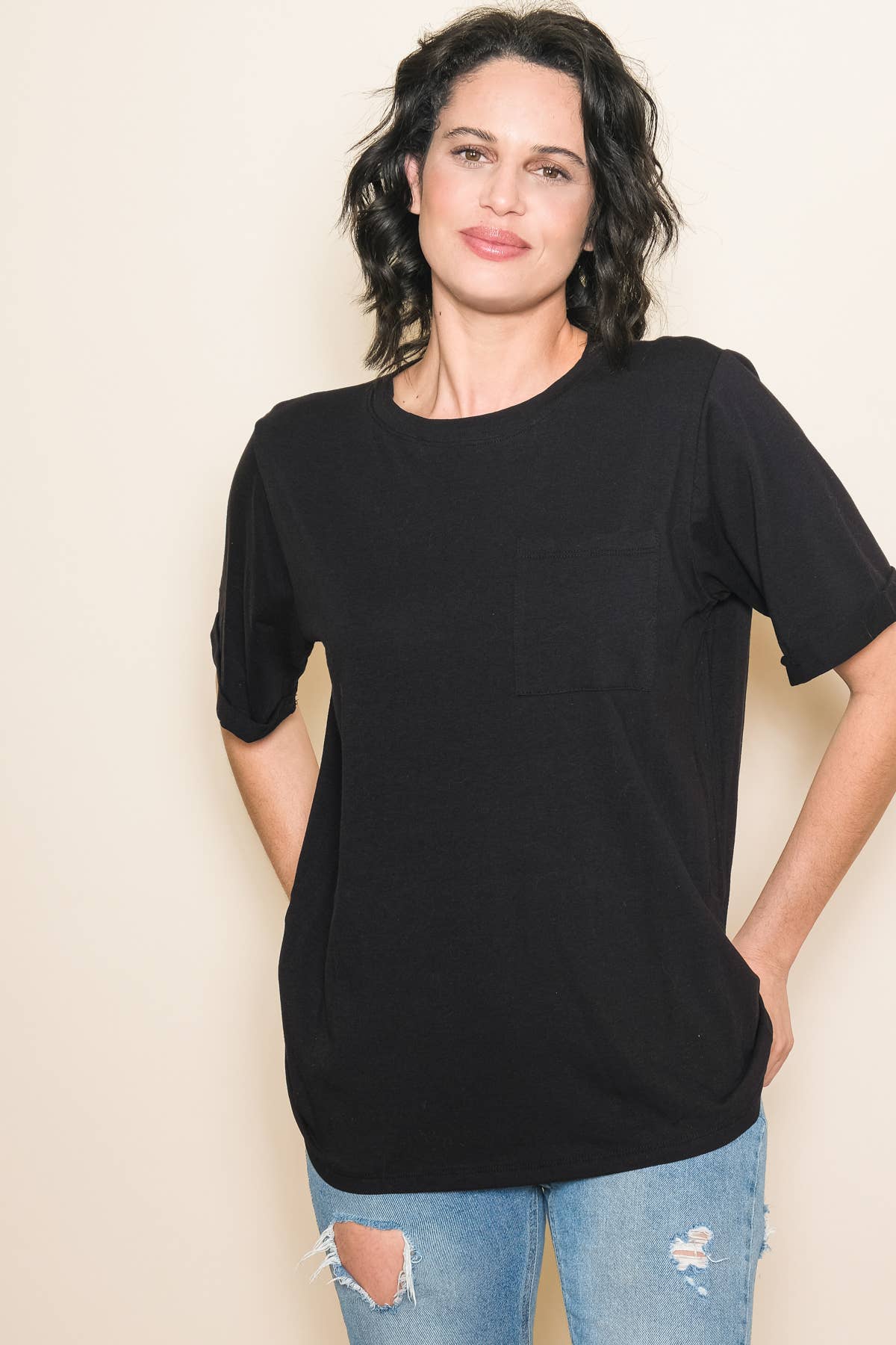 Elloh Collection – wholesale T-shirt – women's – Round Neck Boyfriend Fit Cotton T-Shirt with Front Pocket10