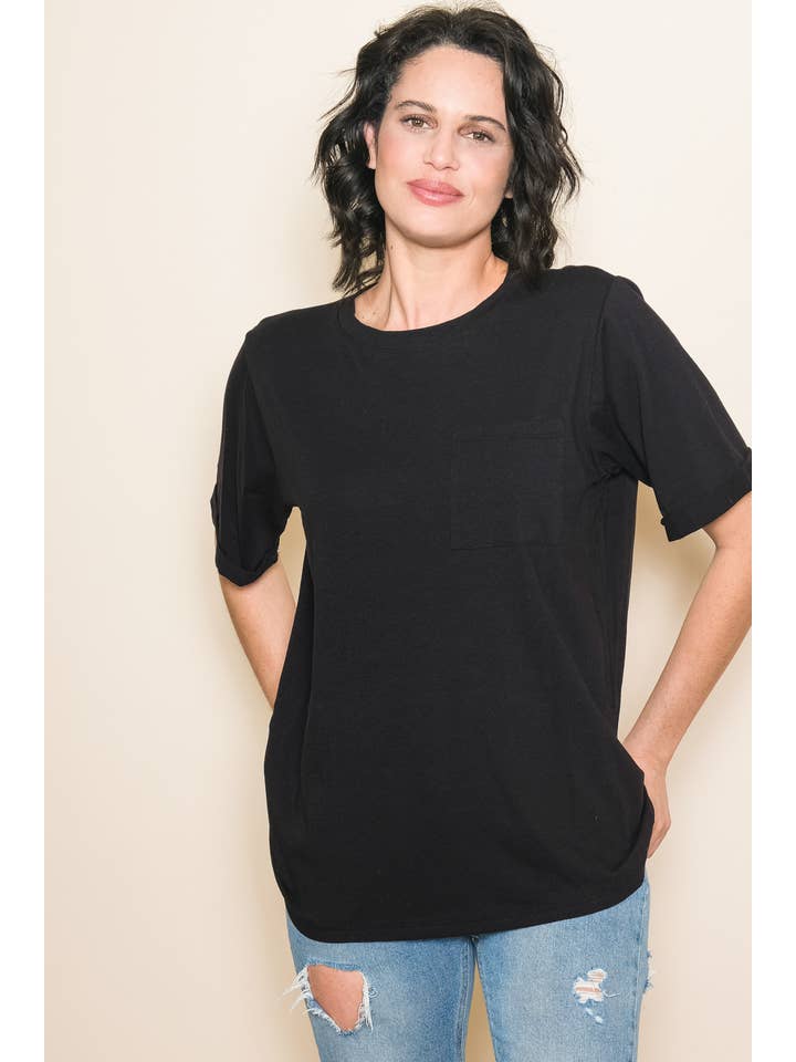 Elloh Collection – wholesale T-shirt – women's – Round Neck Boyfriend Fit Cotton T-Shirt with Front Pocket10