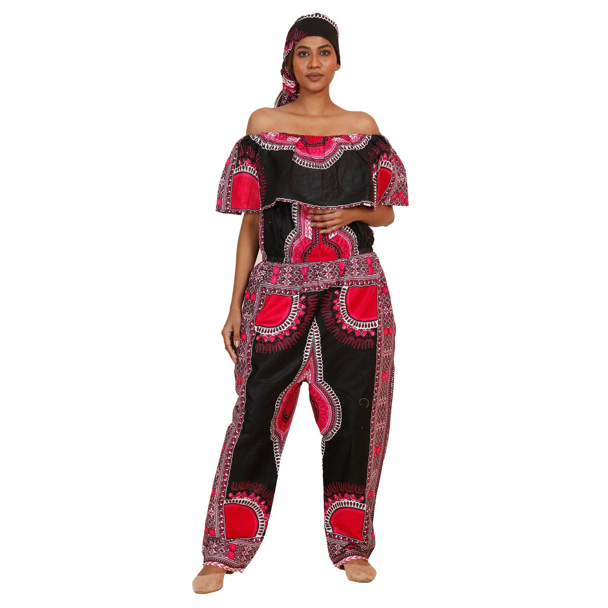 African Stars - Wholesale Jumpsuit - Women's - Women's Dashiki Off Shoulder Frill Jumpsuit -- FI-3061D0