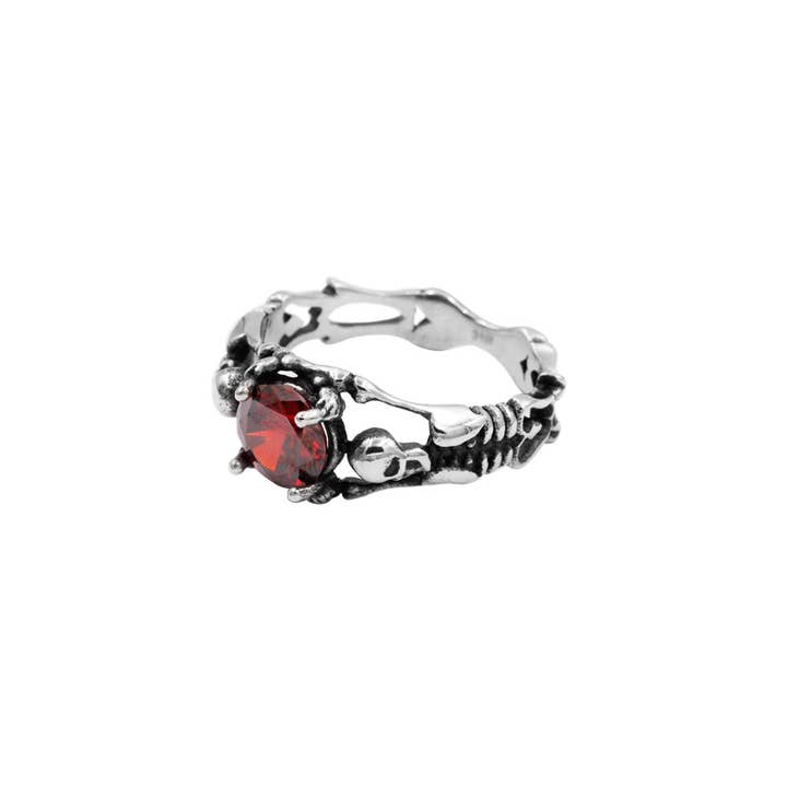 Awaken - Wholesale Single Stone/Solitaire Ring - Skeleton Skull Ring with Red Gem-A-4365