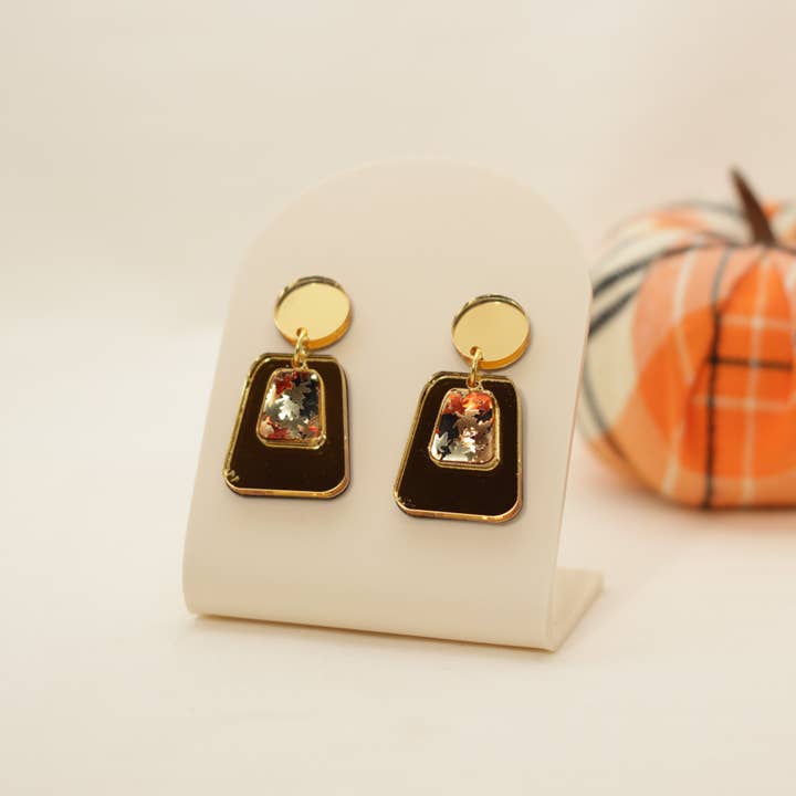 Efterår guld og Glitter blad akryl geometriske øreringe for engroshandel hos Little Blue Jewelry + Displays by M3 Custom Designs