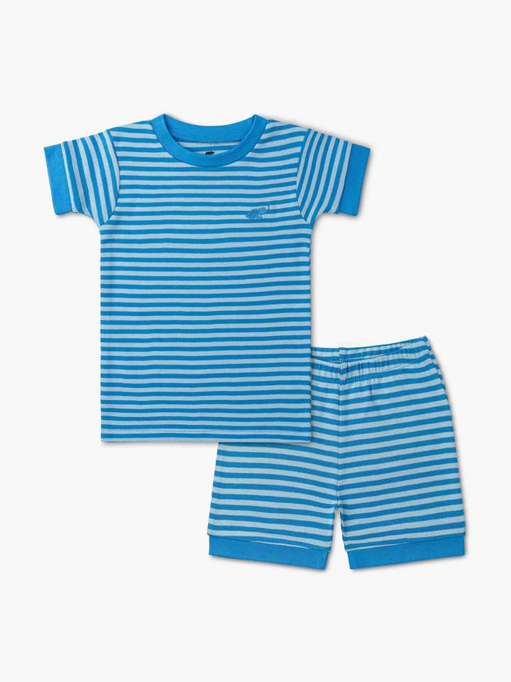Two-Piece Shorty Pajama Set_Dark Blue Tonal Stripe for wholesale by Monica + Andy