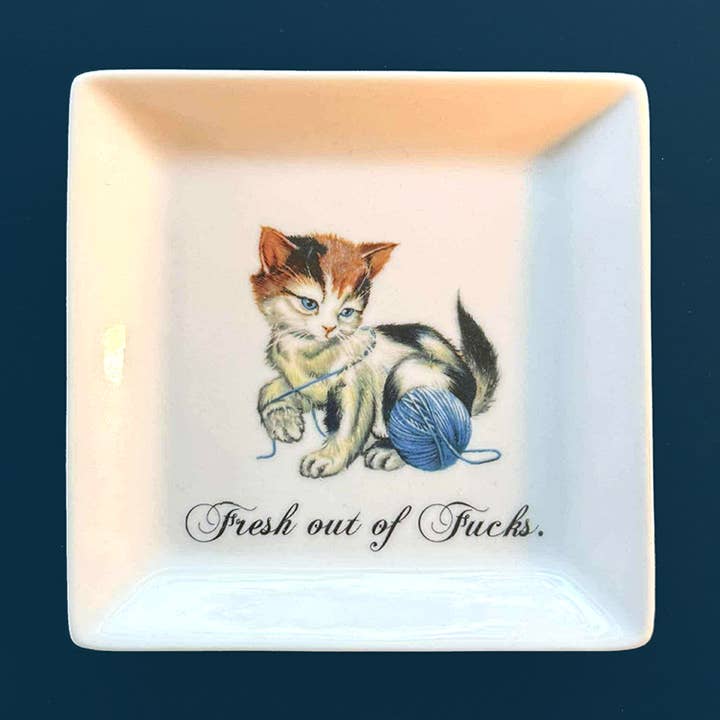 "FRESH OUT OF FUCKS." CAT TRINKET TRAY for wholesale by Dirty Lola