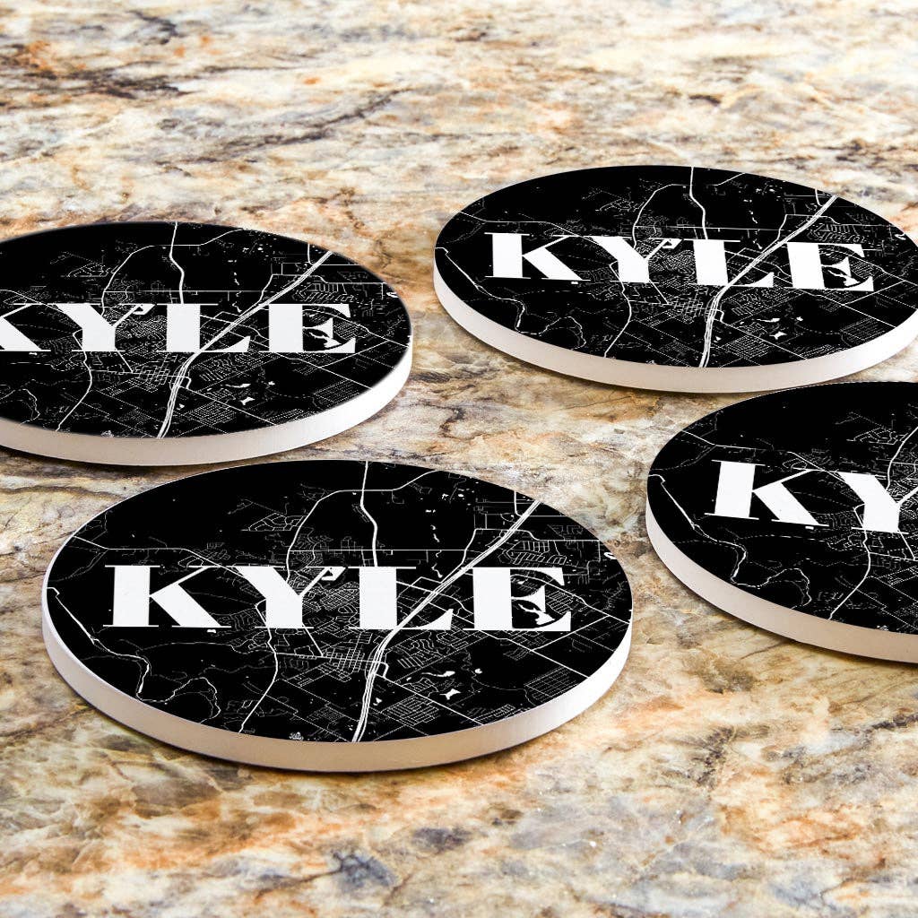 Love Local - Wholesale Coasters - Minimalistic B&W Texas Kyle Map | Absorbent Coasters | Set of 4 | Min 26