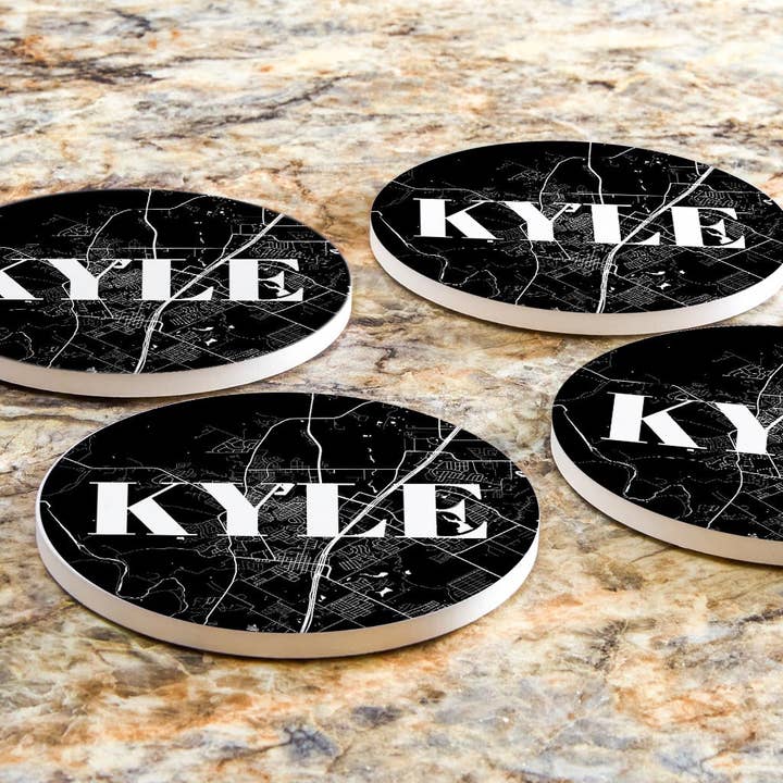 Love Local - Wholesale Coasters - Minimalistic B&W Texas Kyle Map | Absorbent Coasters | Set of 4 | Min 26