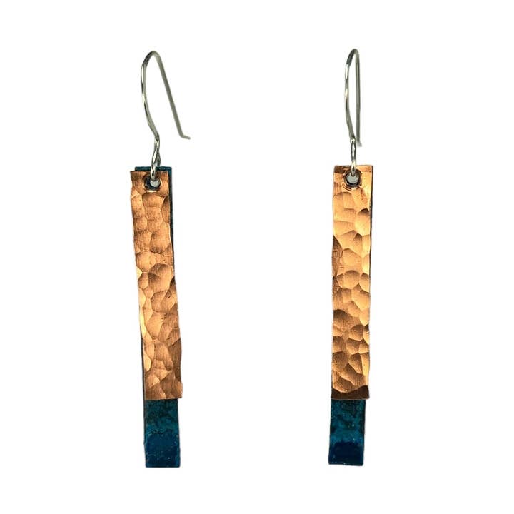 Earring Long Narrow Blue Patina with Hammered Copper for wholesale by David Stepan