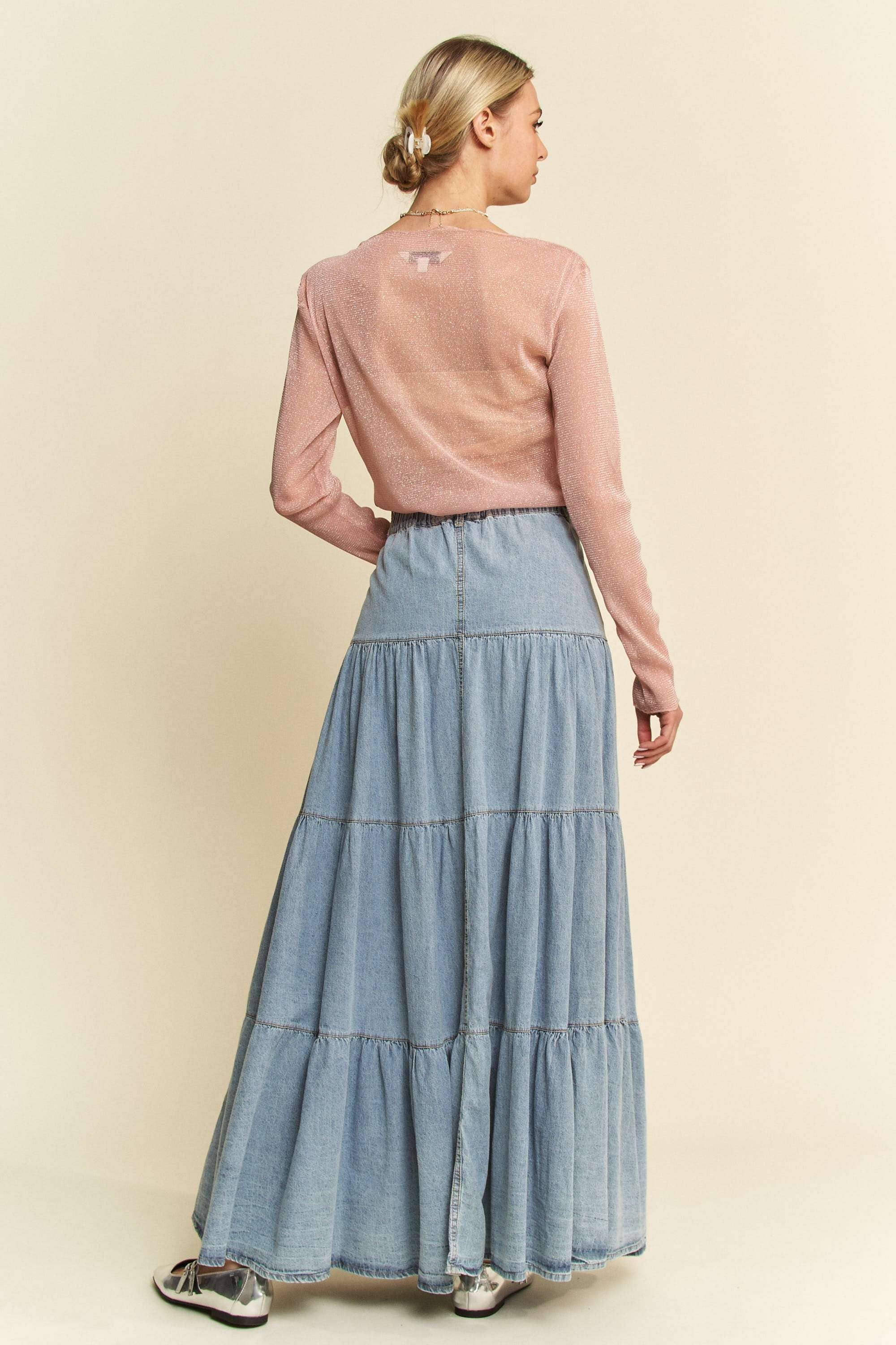DENIM BUTTON FRONT RUFFLE HEM DENIM MAXI SKIRT for wholesale on Faire9