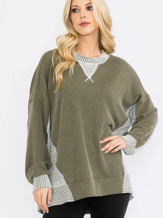 T1178 Relaxed Contrast Rib Knit Pullover for wholesale by STYLIVE