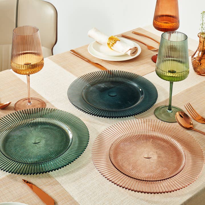 The Wine Savant / Khen Glassware - Wholesale Dinner Plate - Muted Glass Ribbed Plates | Set of 6 | 10.6"