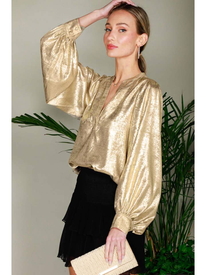 Vine & Love - Wholesale Blouse – Women’s - Henley Neck Long Balloon Sleeve Metallic Blouse Top VT81244F5