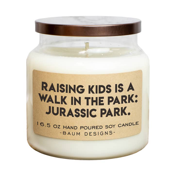 Raising Kids Is A Walk In The Park: Jurassic Park Soy Candle for wholesale by Baum Designs LLC