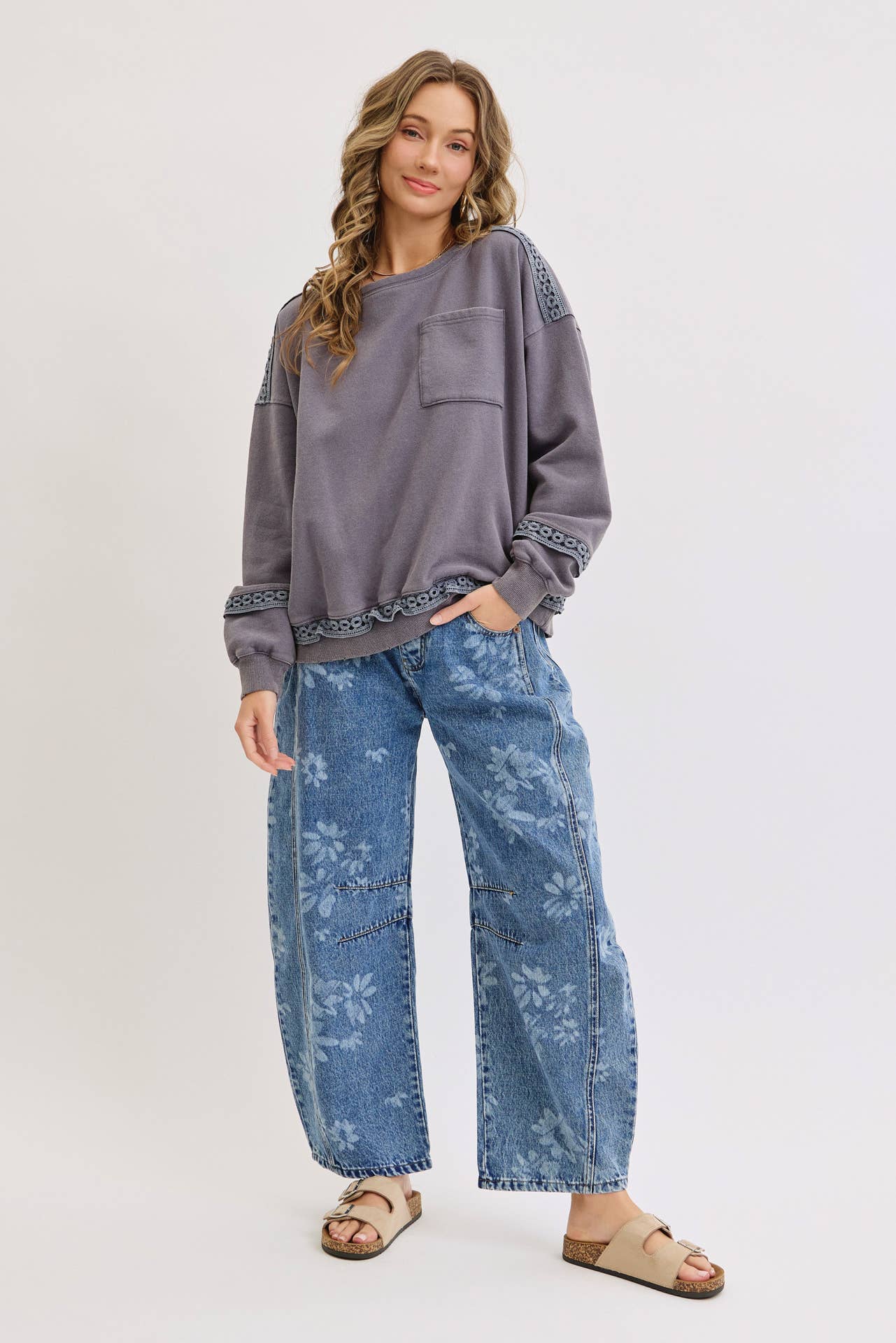 FLORAL PRINT DENIM BARREL JEANS for wholesale on Faire30