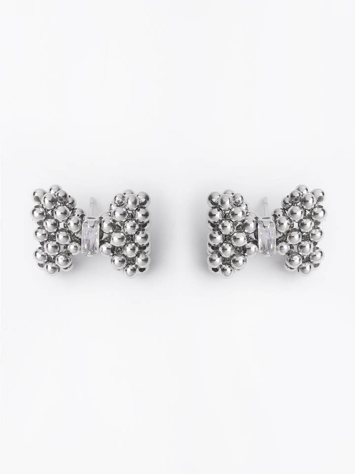 Silver Beaded Bow Stud Earrings for wholesale by CUBIC