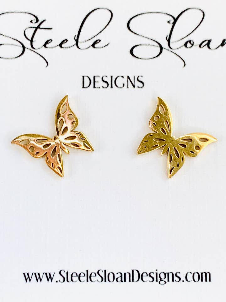 Cute Butterfly Gold Stud Earrings, Hypoallergenic for wholesale by Steele Sloan Designs