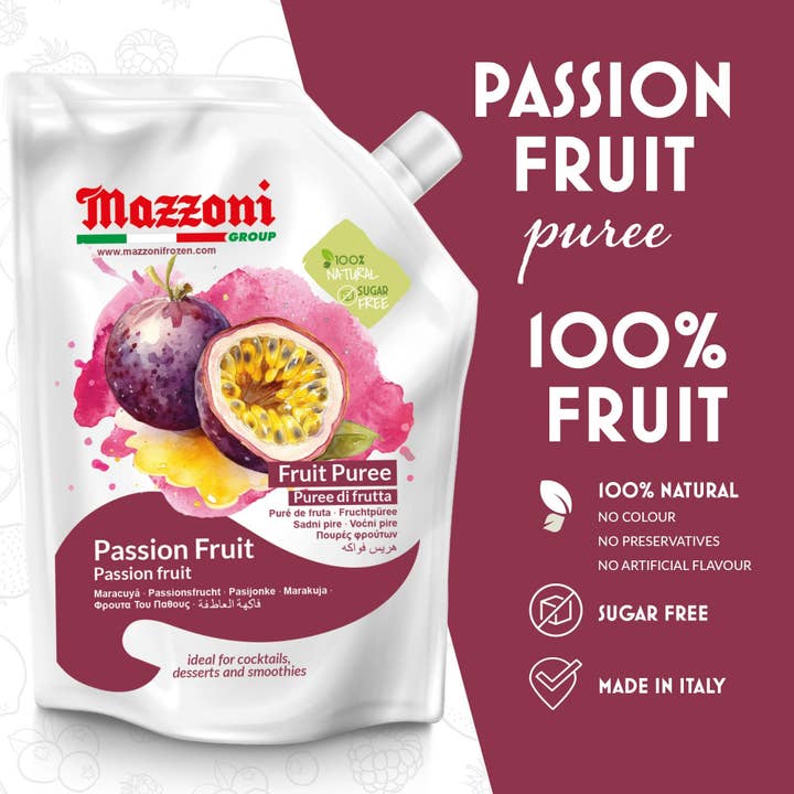 Wholesale Italian Food - Wholesale Cocktail Mix/Syrup - Mazzoni, Passion Fruit Puree, 100% Pure Maracuya, Just Fruit, No Sugar Added, 2.2 lb