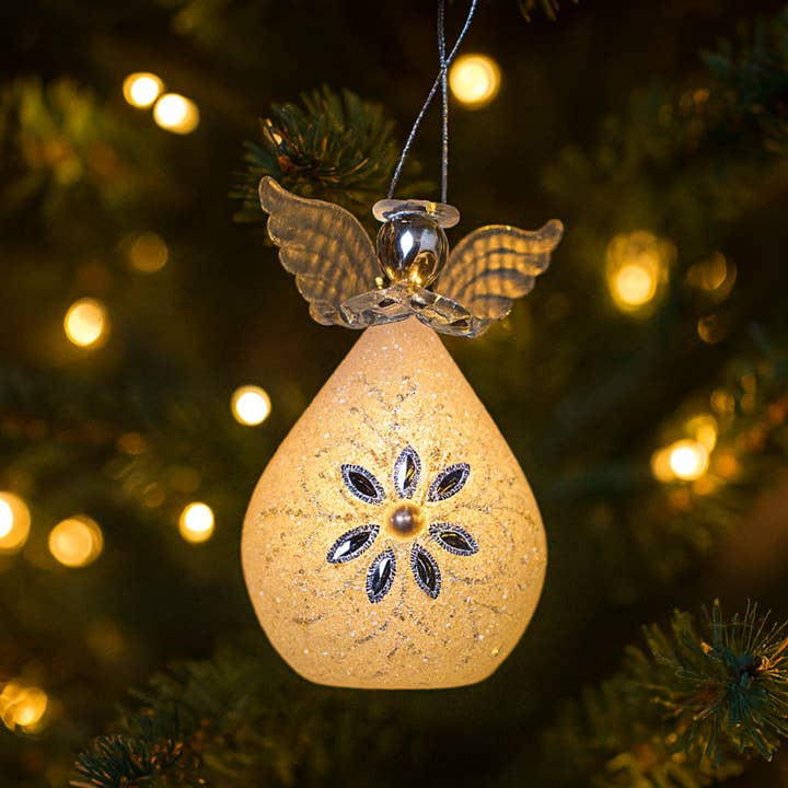 Light Up Angel Ornament w/ Jeweled Snowflake for wholesale by GeoCentral