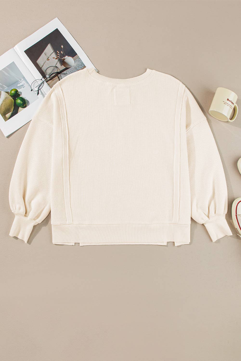 White Waffle Knit Bishop Sleeve Split Oversized Sweatshirt for wholesale on Faire1