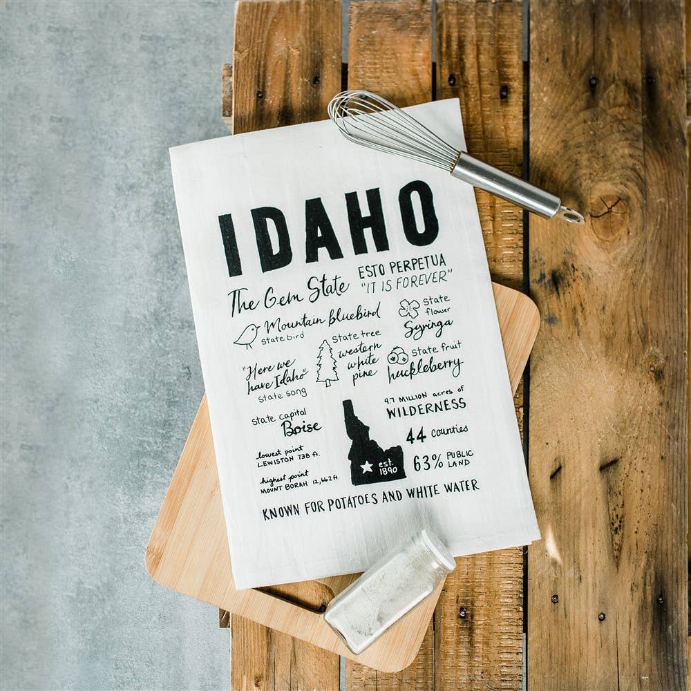 Ladybug Press - Wholesale Tea Towel - Idaho Facts Tea Towel, Idaho Souvenir Kitchen Towel1