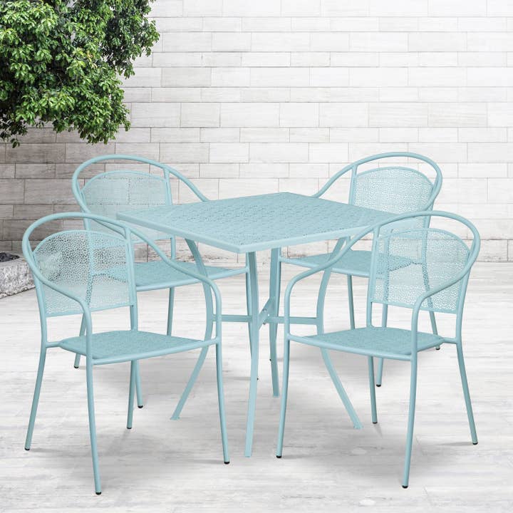 28" Square Sky Blue Steel Patio Table w/ 4 Chairs for wholesale by Flash Furniture