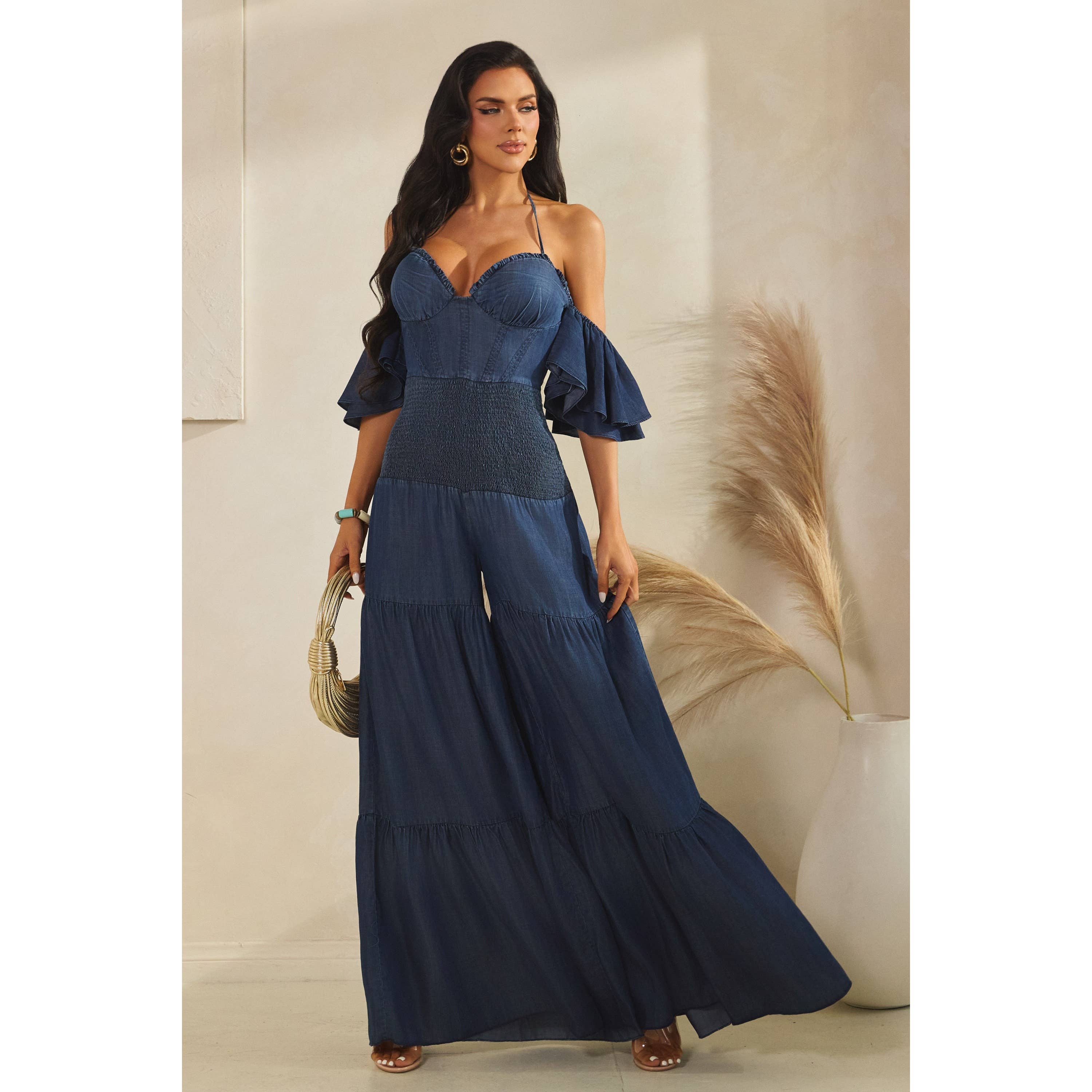 DARK DENIM MINI RUFFLE HALTER NECK TIERED JUMPSUITS for wholesale on Faire1