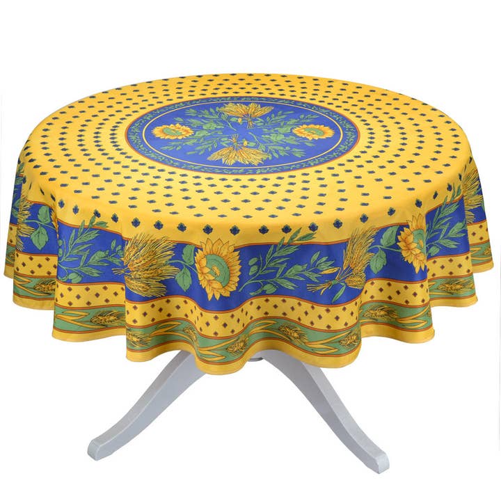 Tournesol Blue/Yellow 70" Round Polyester Tablecloth for wholesale by Provence Imports