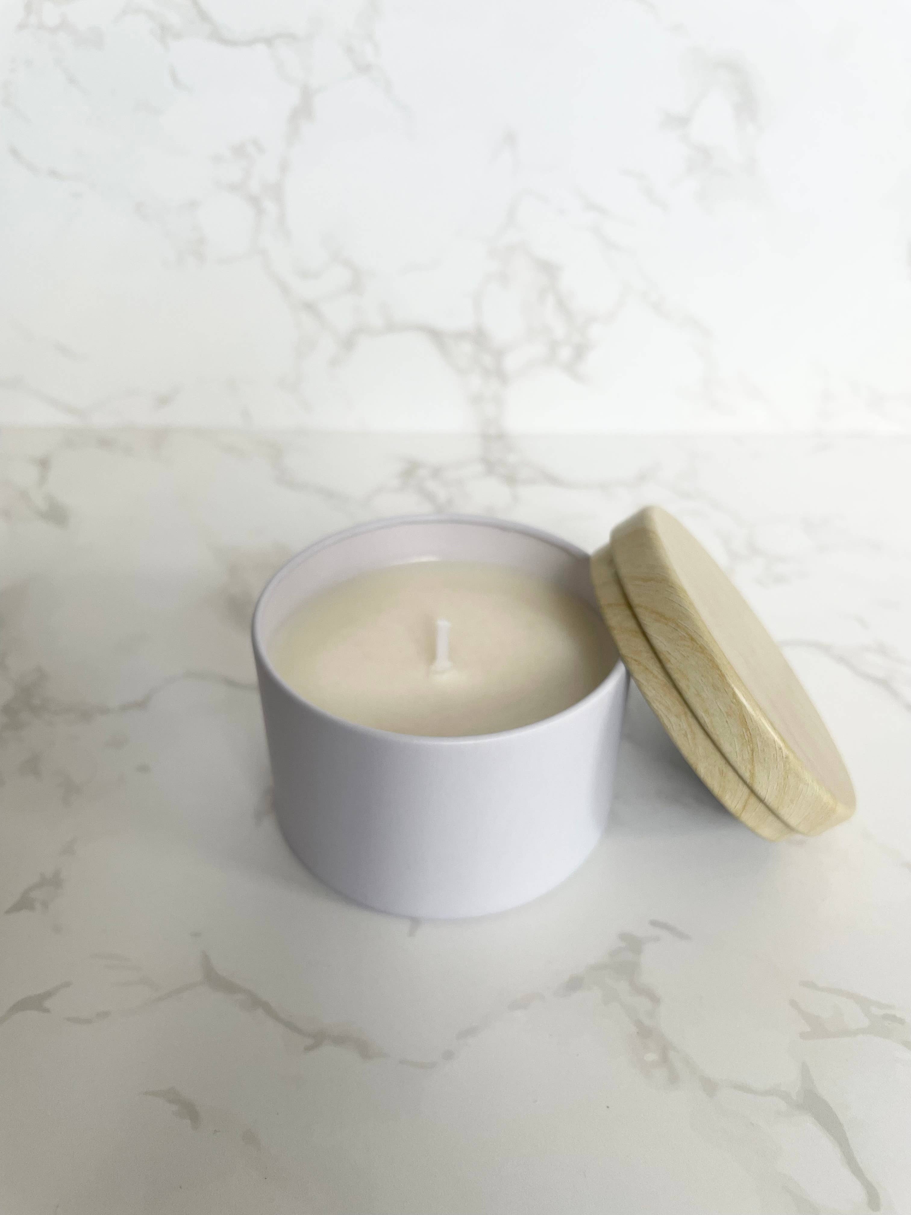 MB Natural Candles – wholesale Jar/filled candle – 4oz Unlabelled White Tin Soy Candle 1