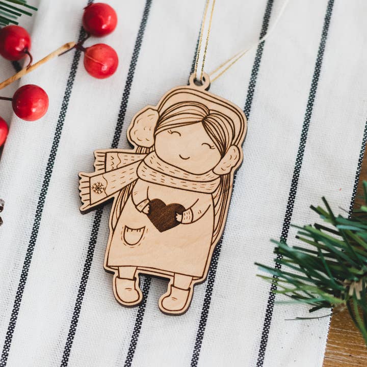Wood Girl Christmas Ornament- Scandinavian Folk Style for wholesale by Reece Design Works