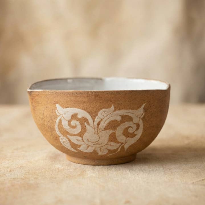 Handmade Ceramic Earthen Bowl With White Floral Design for wholesale by Sok Living