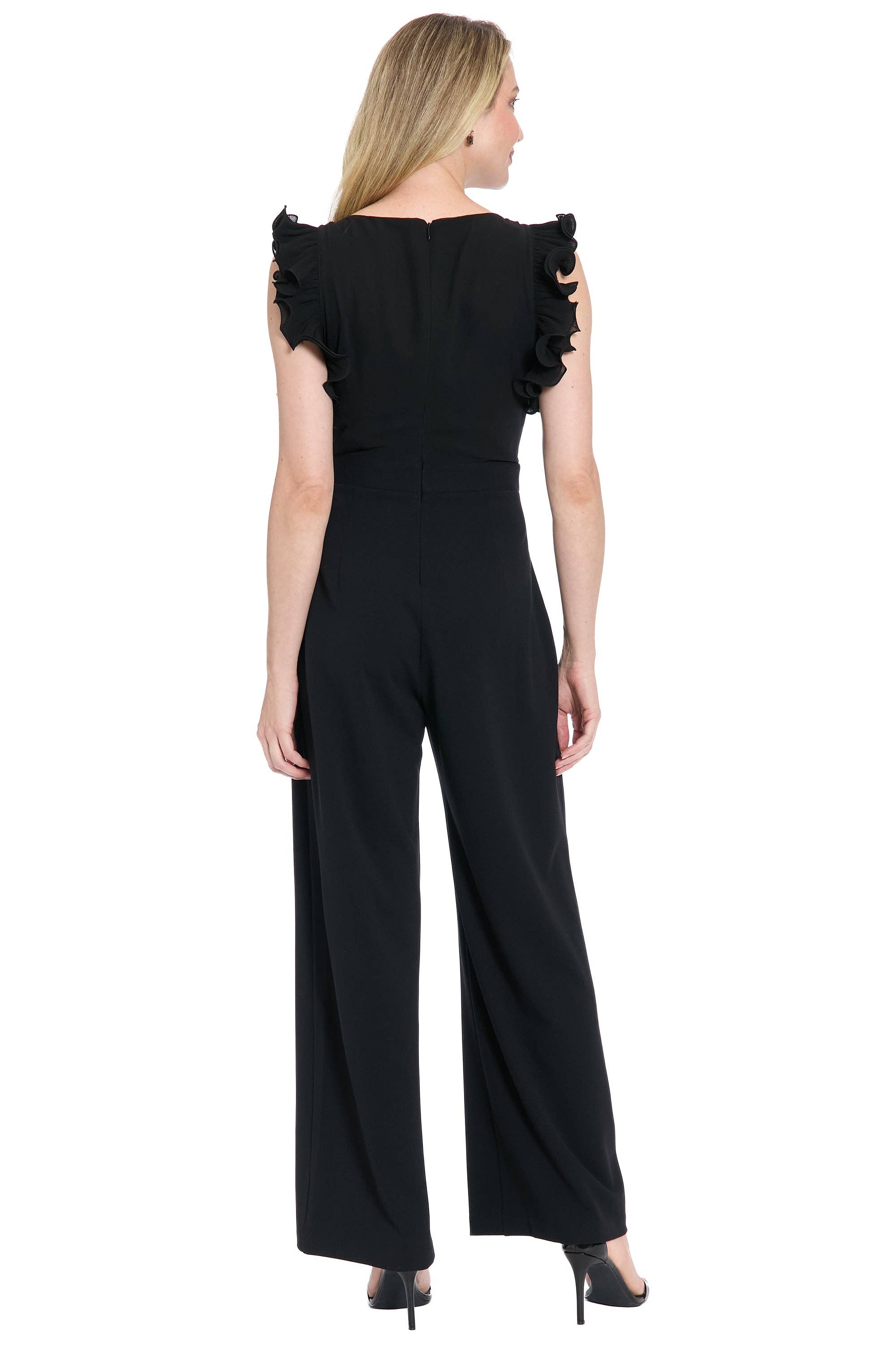 Maggy London Group - Wholesale Jumpsuit - Women's - PLEATED RUFFLE SLV MIXED MEDIA JUMPSUIT WITH BUTTON TABS2