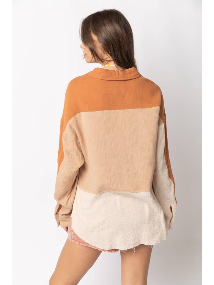 VERY J - Wholesale Button Down Shirt - Women's - NT10324-Color Blocked Button Down Shirt19