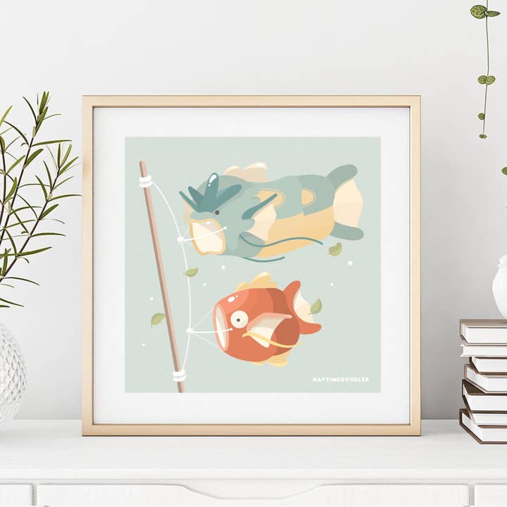 Impression artistique de Gyarados et Magikarp Koinobori (5 x 5) pour la vente par Naptime Doodler