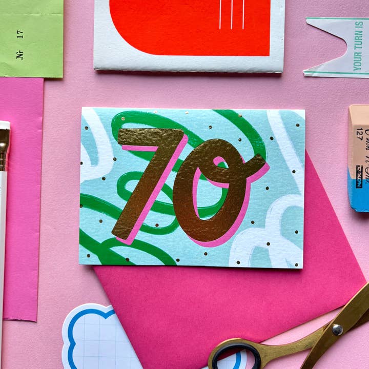 70th Birthday Card | Abstract birthday card | 70th birthday Gold Foil Milestone for wholesale by Kerrie Illustrates