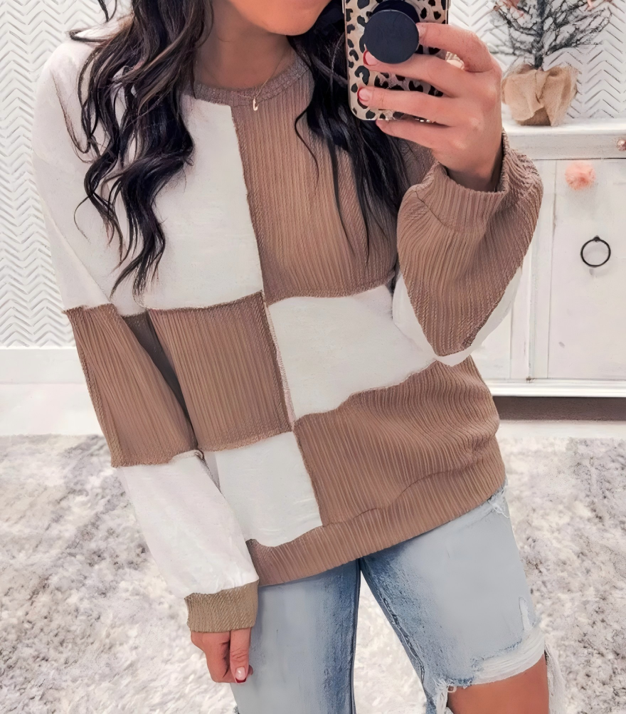 Khaki Colorblock Checkered Raw Seamed Round Neck Knitted Jumper for wholesale on Faire1