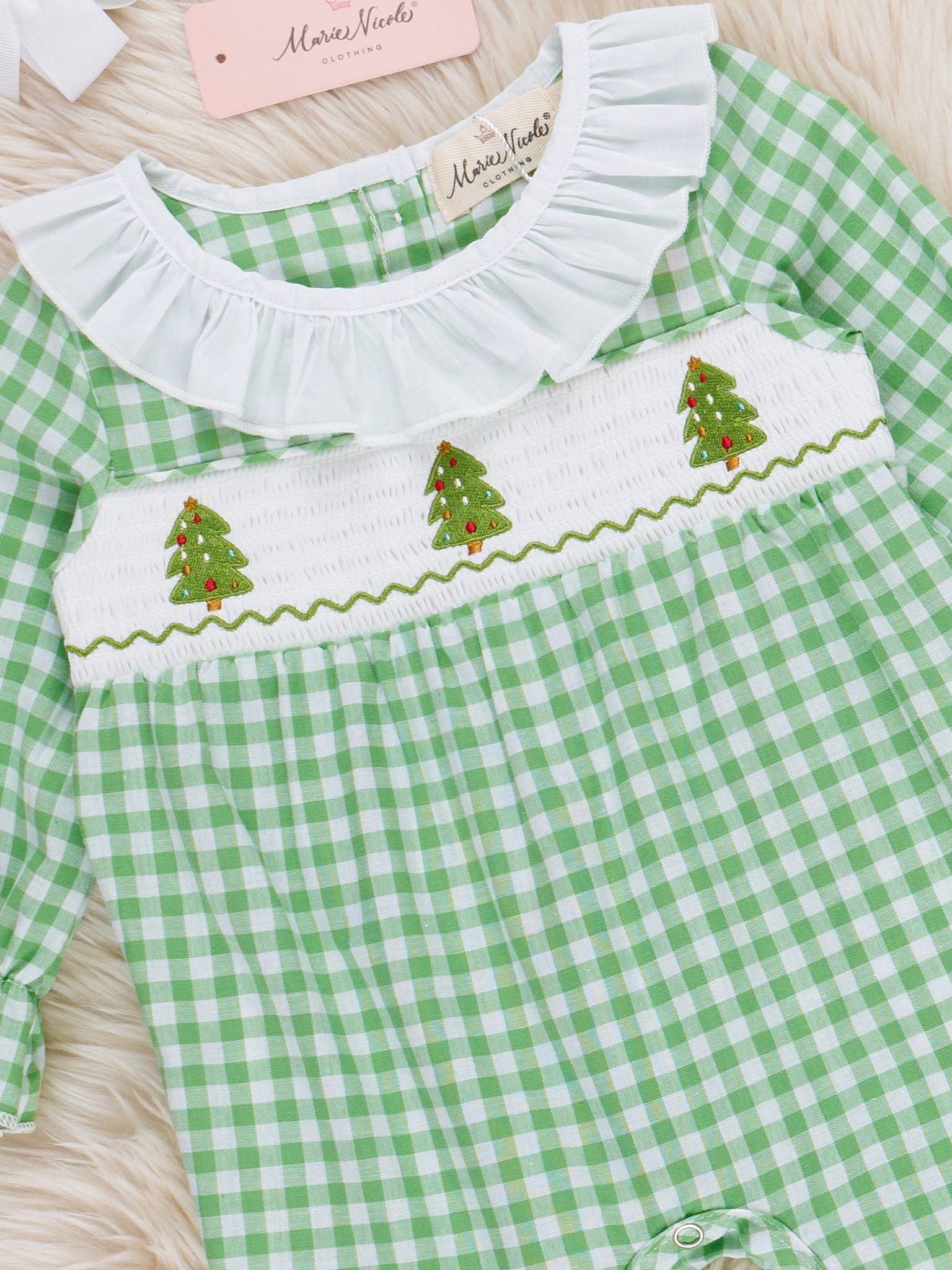 Marie Nicole Clothing - Wholesale Jumpsuit - Baby - Evergreen Gingham Smocked Ruffle Romper1