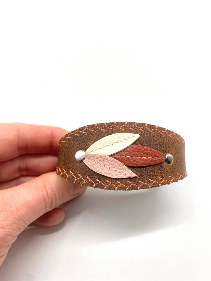 Boho Leather Leaf Cuff Bracelet: Adjustable Wide Cuff for wholesale by Rebecca Malcom LeatherWorks
