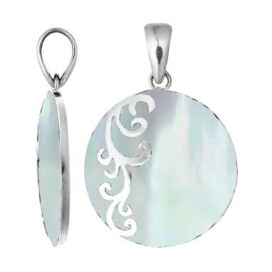 AP-7035-MOP Ciondolo Rotondo in Argento Sterling con Madreperla, Disegnato con Motivo a Spirale Definito e Finitura Lucida e Levigata. per la vendita all'ingrosso da parte di Bali Designs