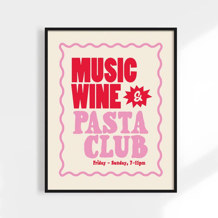 Music, Wine + Pasta Club Print for wholesale by Kuku Studio
