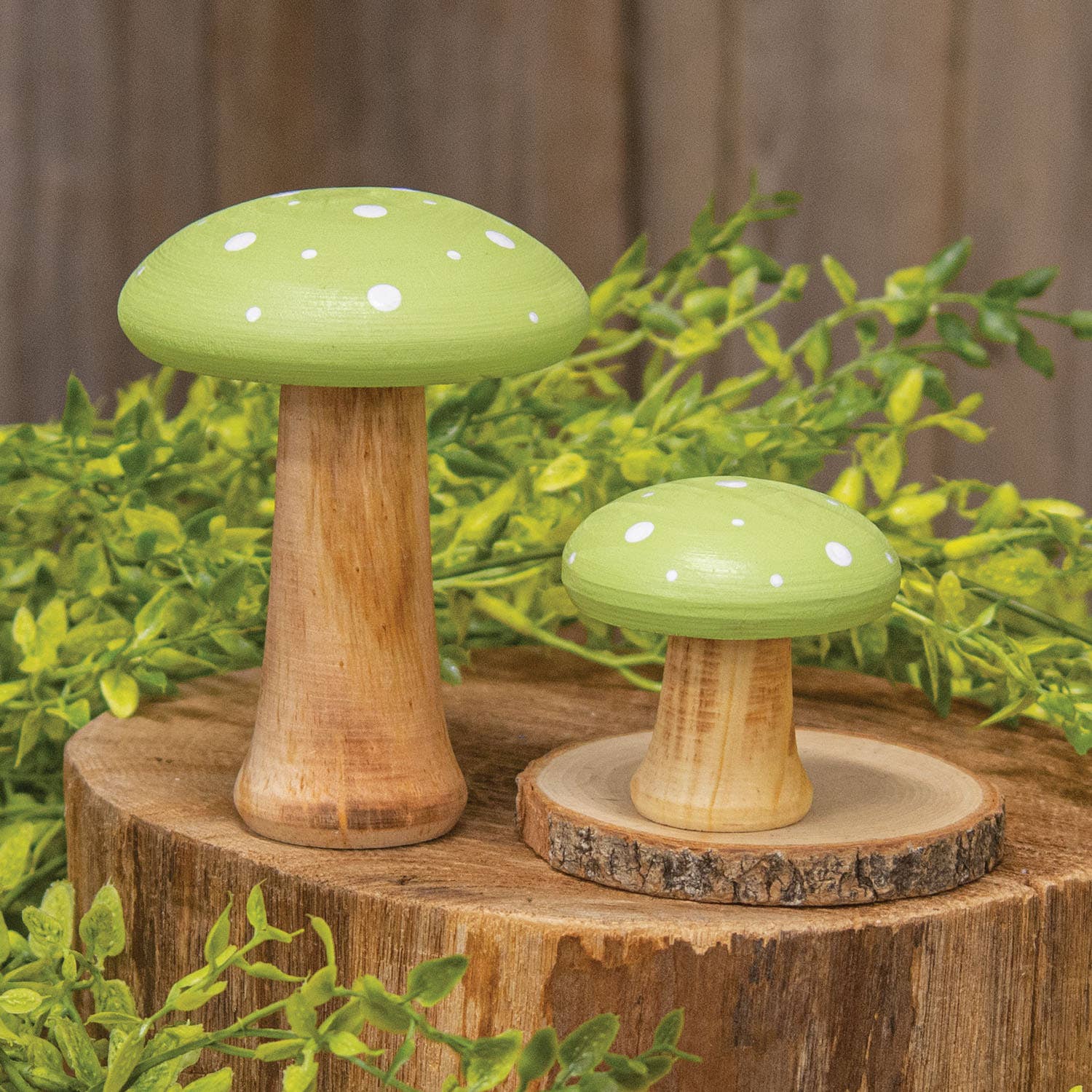Bright Ideas - Wholesale Decorative Figurine - 2/Set Green Wooden Mushrooms1