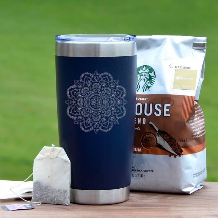 Driftless Studios - Wholesale Insulated Mug/Tumbler - 20 oz "Mandala Flower" Etched Coffee Mugs4