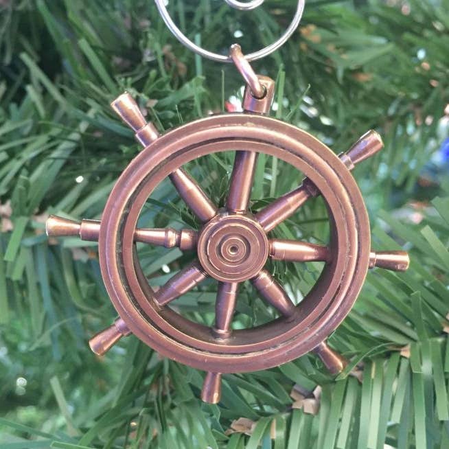 Antique Copper Ship Wheel Christmas Ornament 5" for wholesale by Hampton Nautical