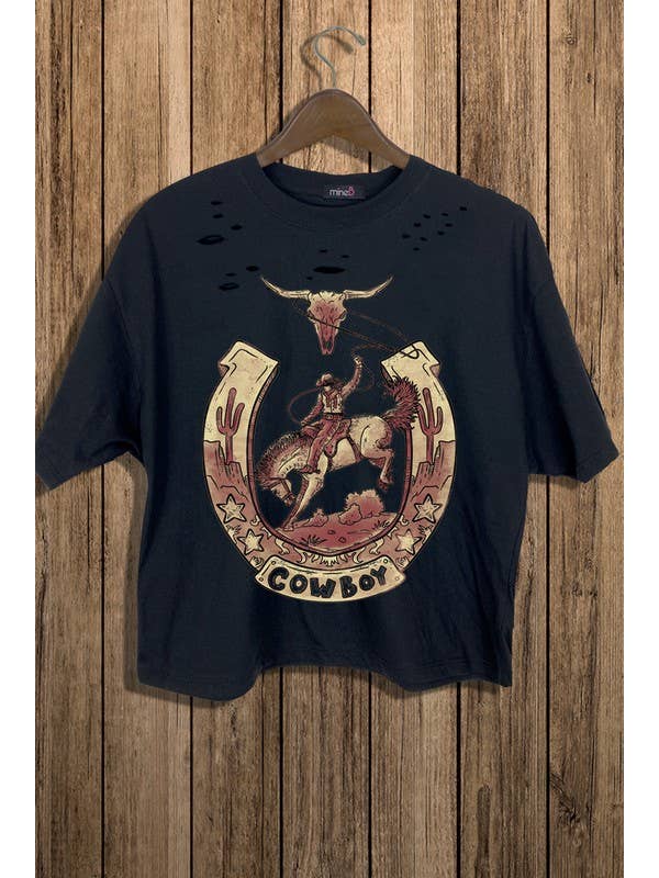 MINEB - Wholesale Screen Printed T-Shirt - Women's - Die Cut Cowboy Graphic Crop Tee