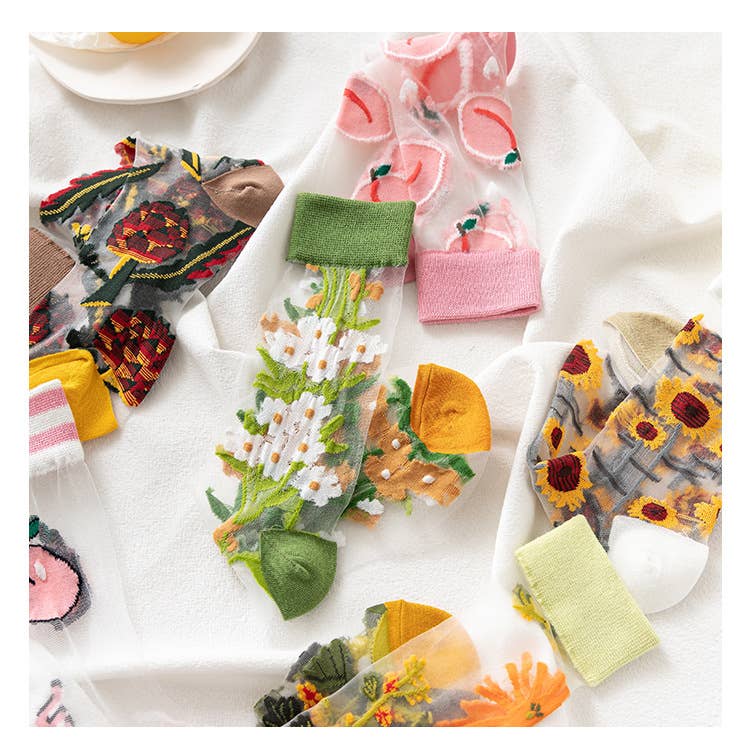 Tourtiwi - Wholesale Socks - Women's - Fruit Flower Animal Pattern Transparent Thin Summer Socks2
