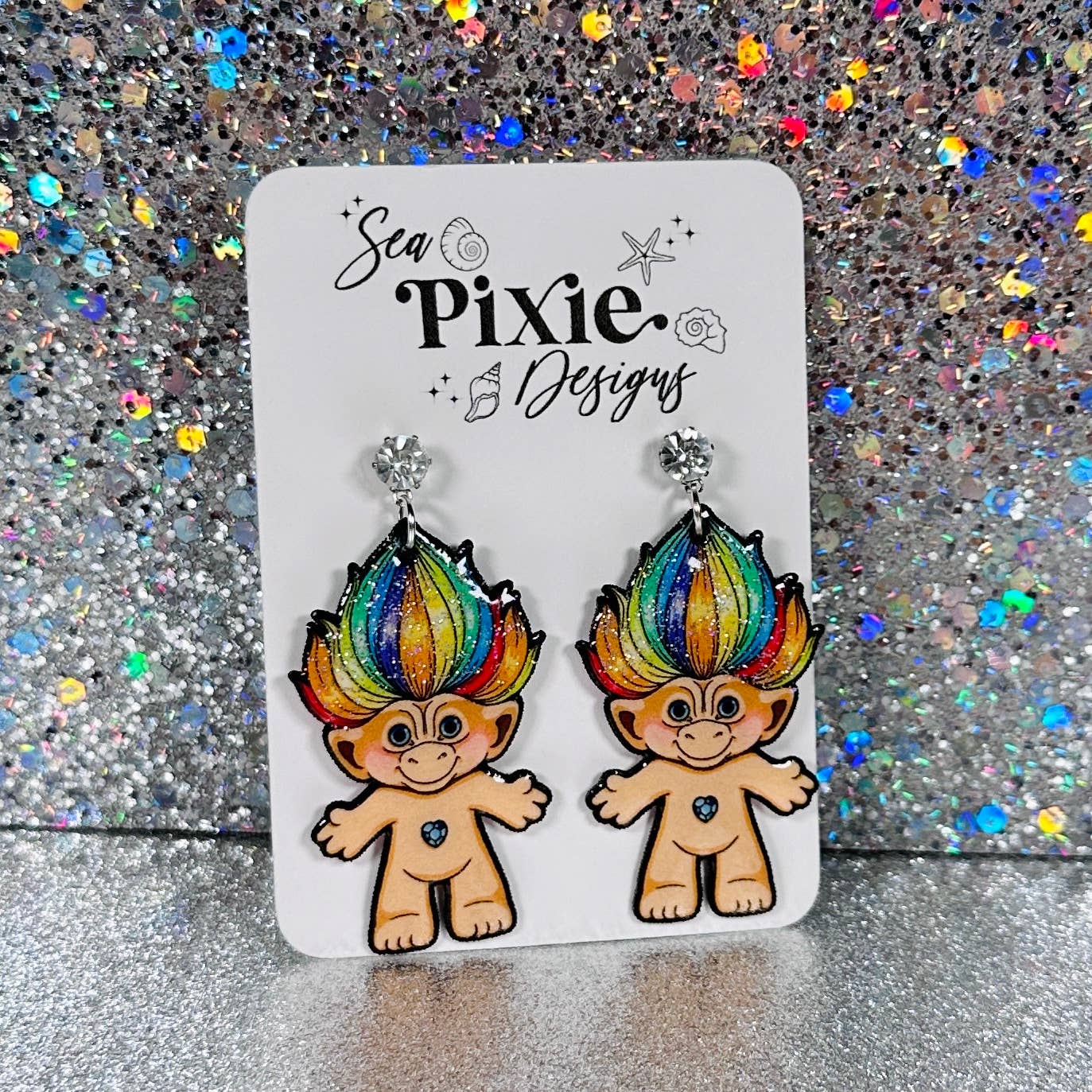Sea Pixie Designs - Wholesale Dangle Earrings -  Troll Rainbow Holographic Glitter Dangle Earrings6